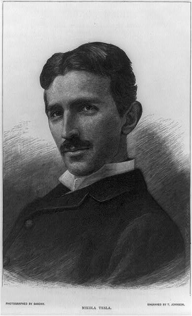 Engraved portrait of Nikola Tesla, facing left, after a photograph by Sarony